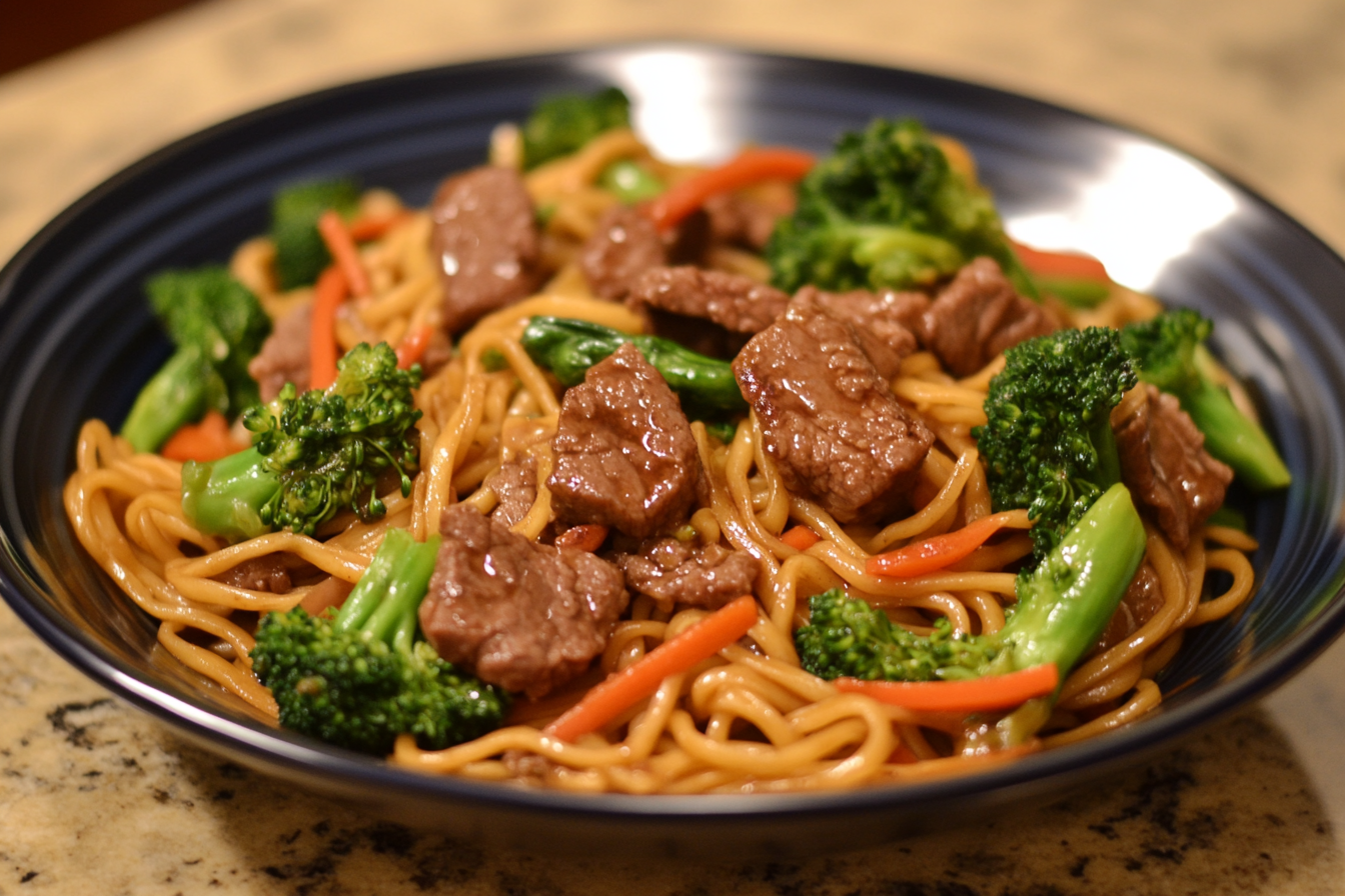 Beef and Broccoli Lo Mein in a bowl with chopsticks