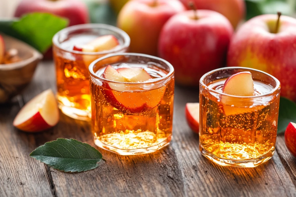 A bottle of apple cider vinegar gummies surrounded by fresh apples and a measuring spoon of apple cider vinegar.