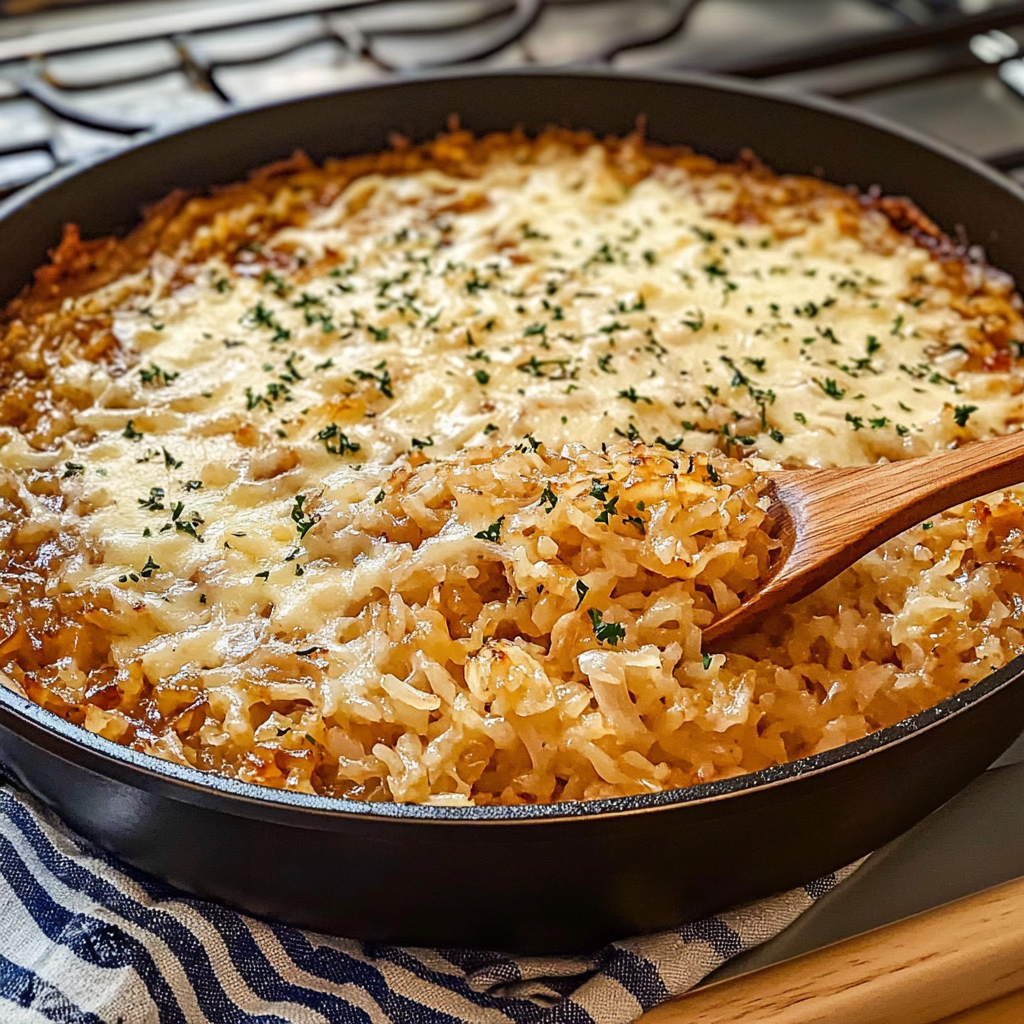 Bowl of French onion soup rice with caramelized onions and melted cheese