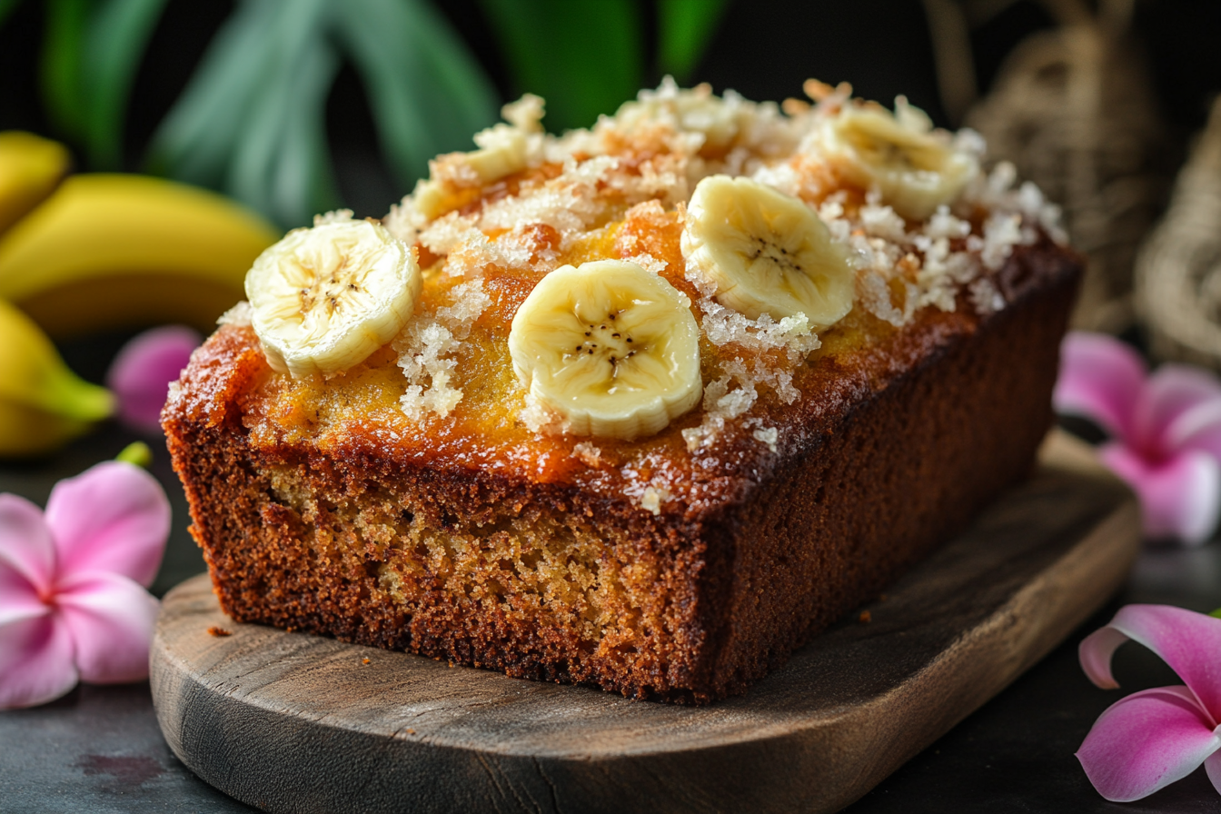 Freshly baked Hawaiian Banana Bread with coconut, pineapple, and macadamia nuts