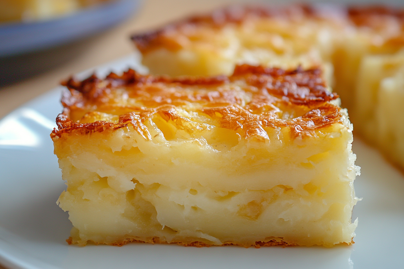 Golden and crispy potato kugel in a baking dish with a fluffy interior