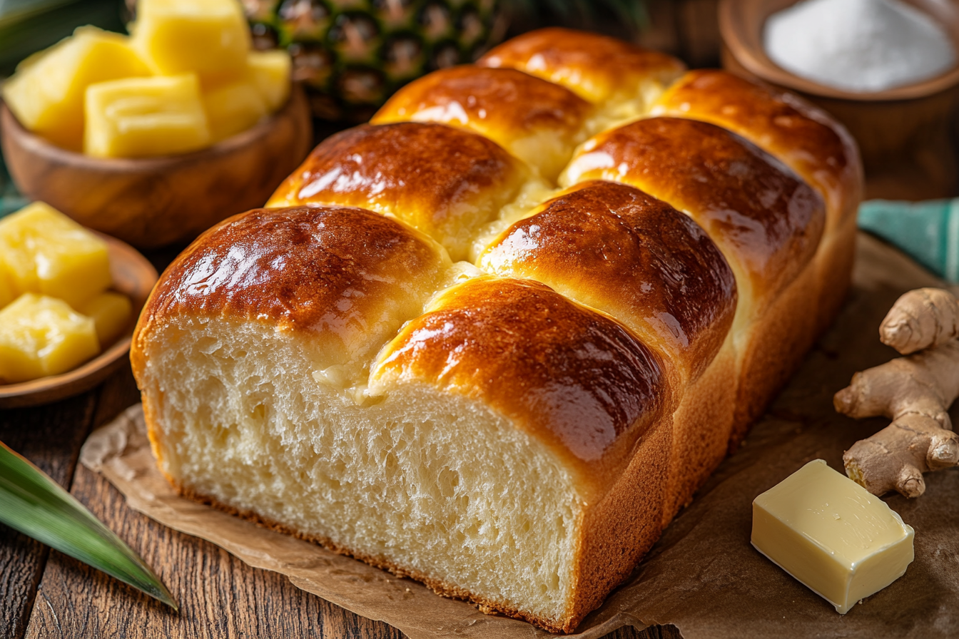 Freshly baked Hawaiian bread loaf with a golden-brown crust and soft, fluffy interior, sliced and ready to serve.