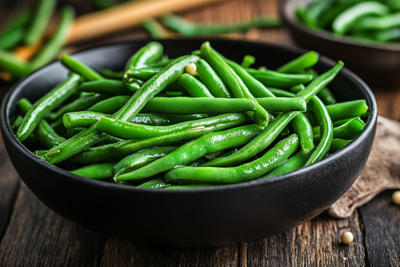 Boiled green beans in a white bowl with a vibrant green color