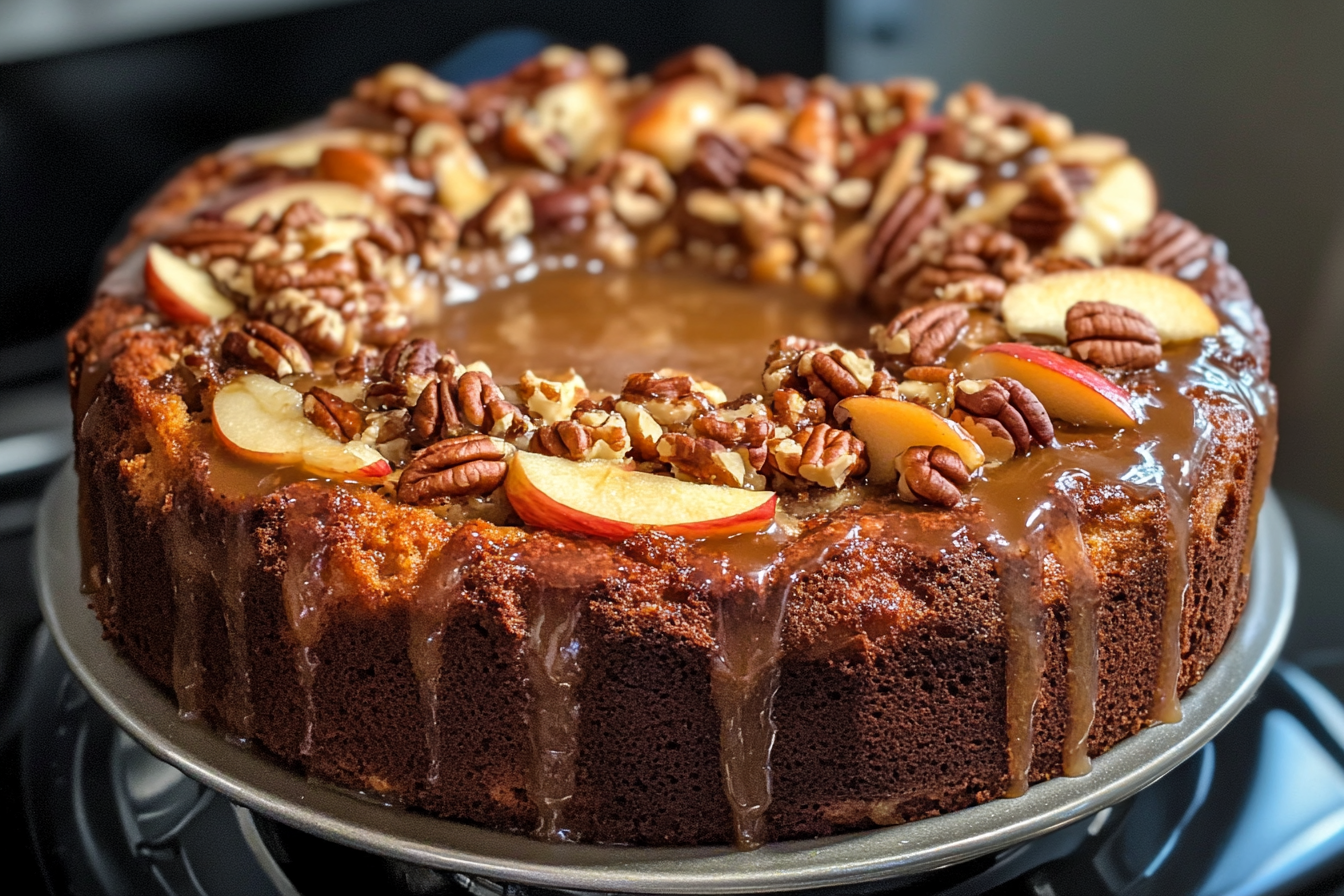 A slice of moist Apple Dapple Cake topped with brown sugar glaze on a white plate