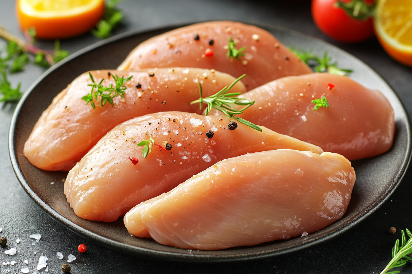 Moist and juicy chicken breasts served with fresh vegetables