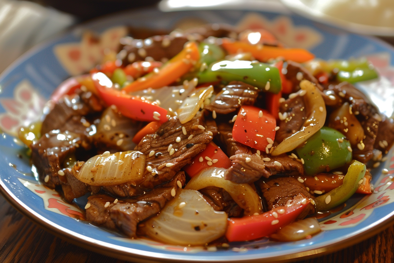 Sizzling Chinese pepper steak stir-fry with tender beef and bell peppers