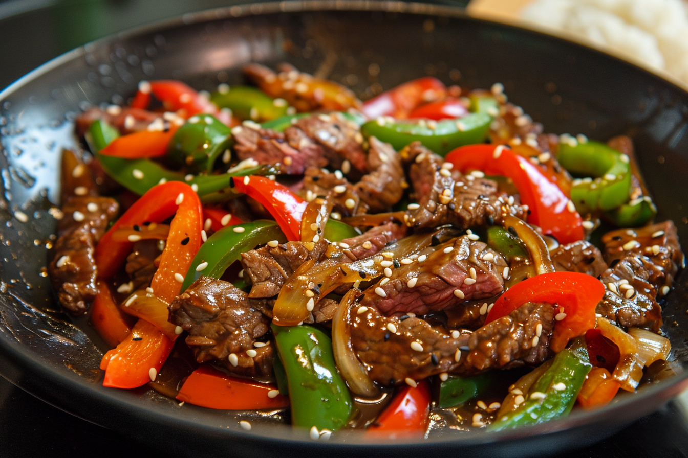 A bowl of homemade pepper steak sauce with beef strips and bell peppers
