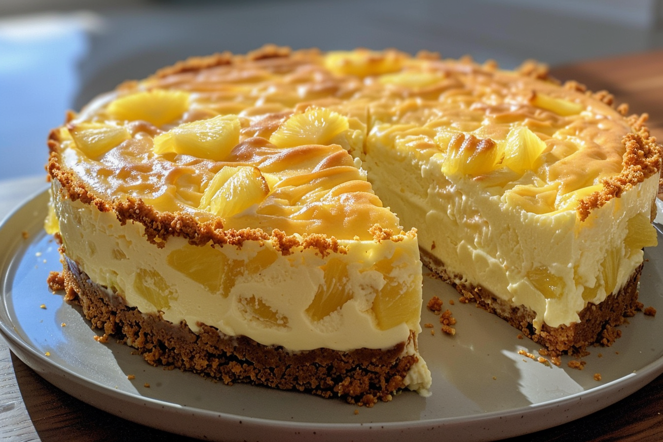 A slice of Pineapple Heaven Cheesecake topped with fresh pineapple and a graham cracker crust.