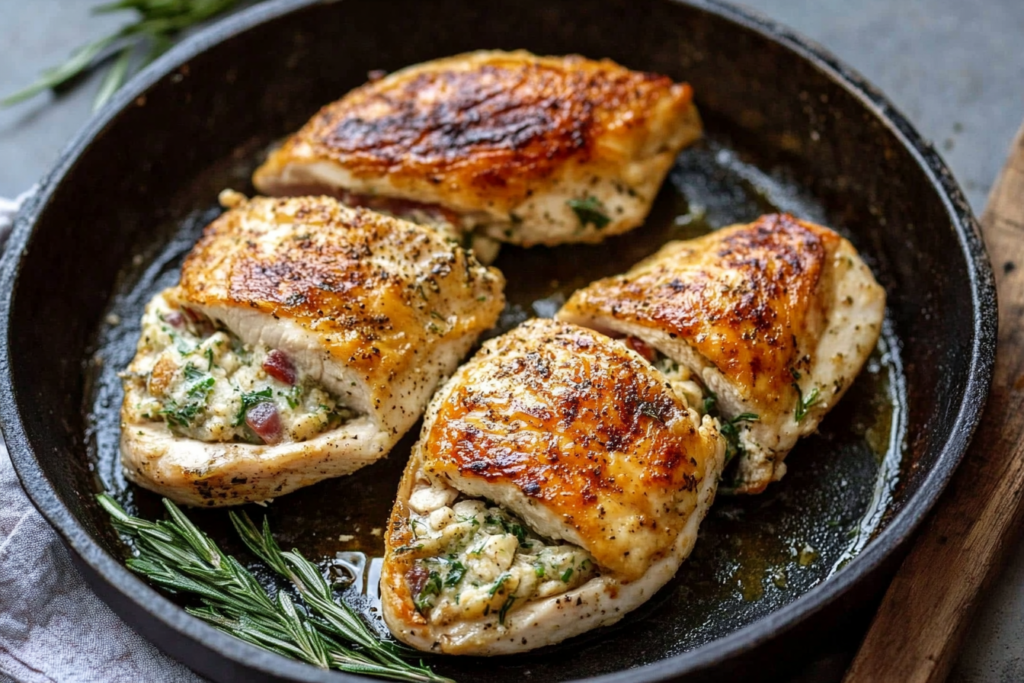 Chicken breast stuffed with spinach and cheese, secured with toothpicks.