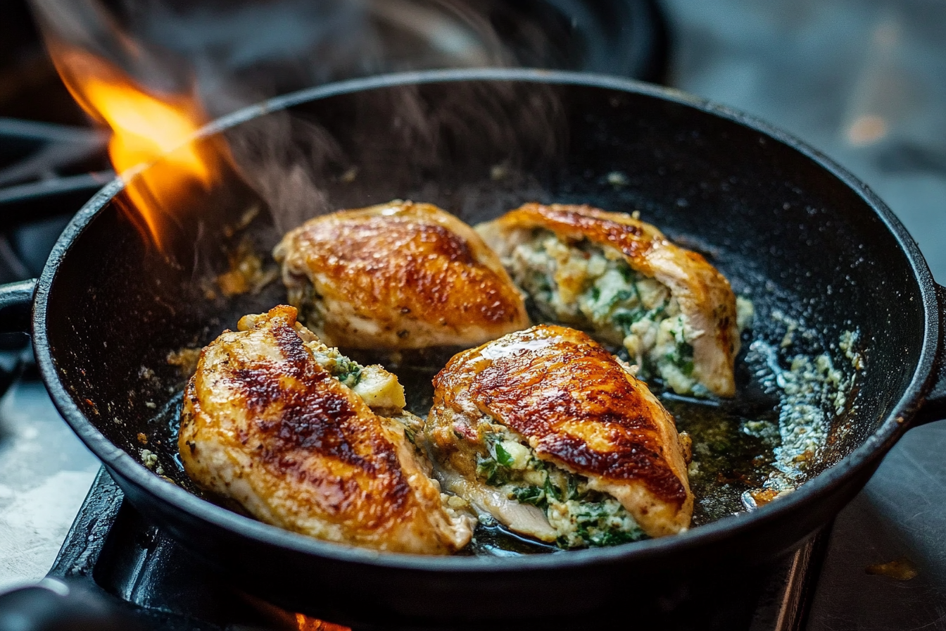 Chicken breast stuffed with spinach and cheese, secured with toothpicks.