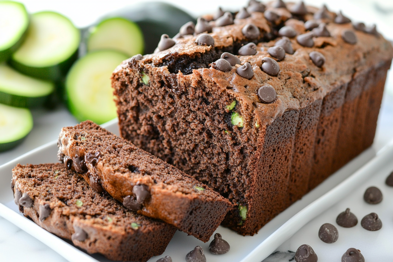 Moist and flavorful zucchini bread with chocolate chips sliced and ready to serve