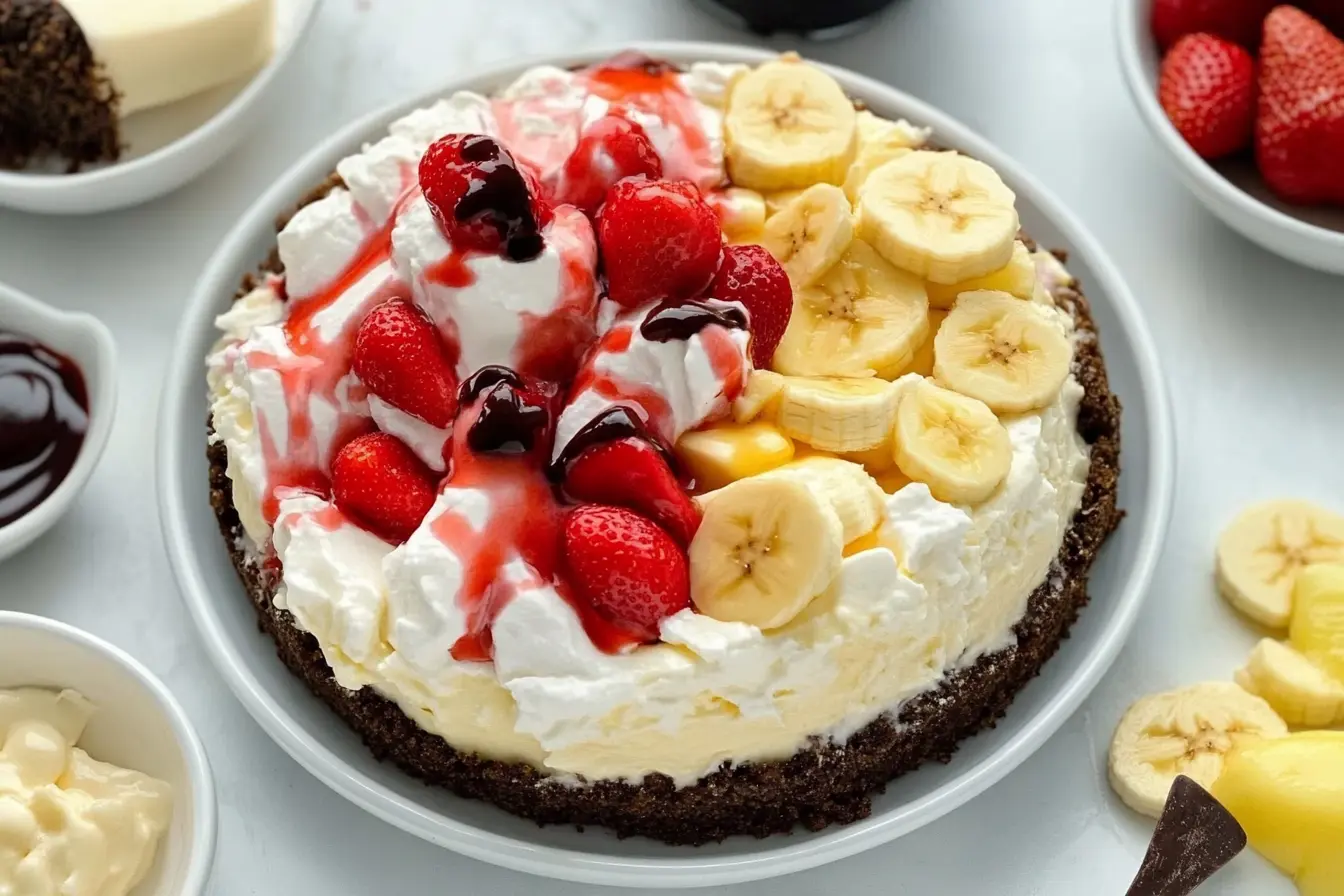 A slice of Banana Split Cheesecake topped with chocolate drizzle, whipped cream, and cherries