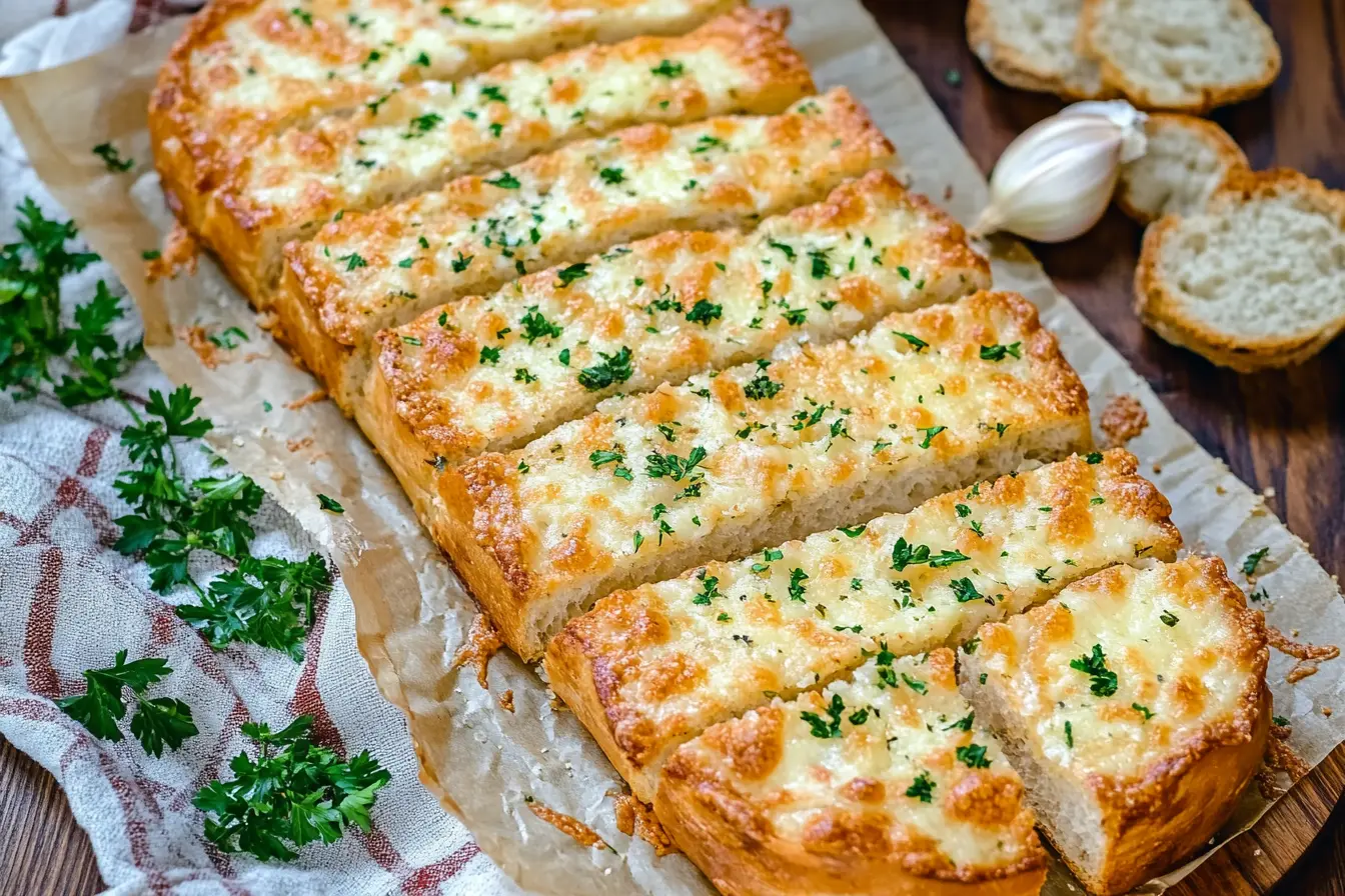 Cheesy garlic bread with melted cheese and fresh parsley