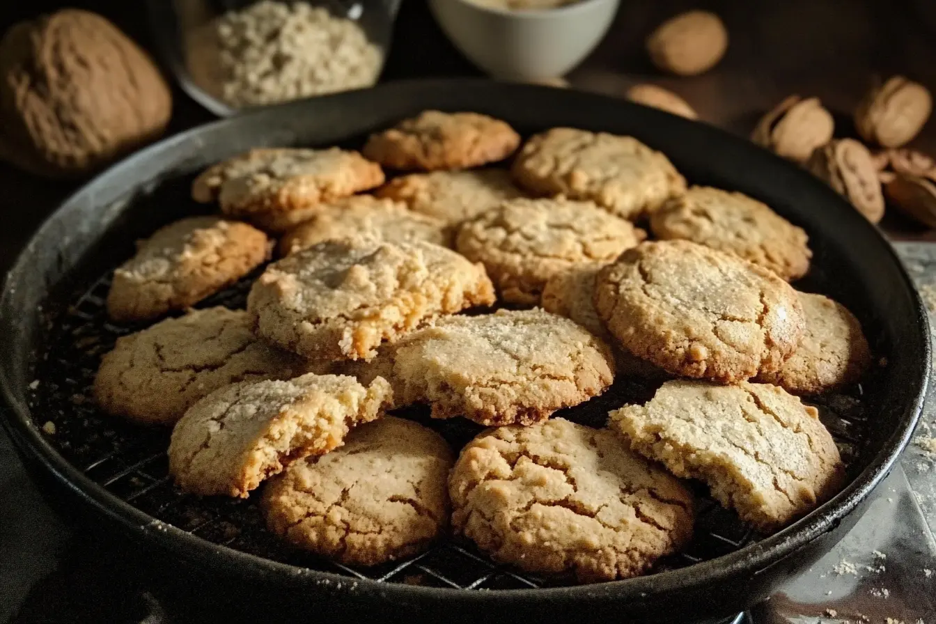 Close-up of crumbly cookies falling apart on a baking sheet.