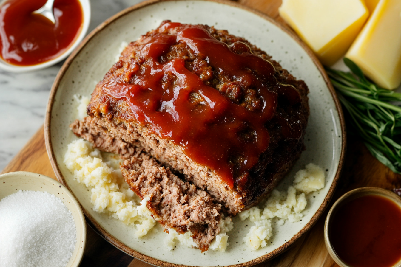 Cracker Barrel Meatloaf with a caramelized ketchup glaze, sliced and served with mashed potatoes and green beans.