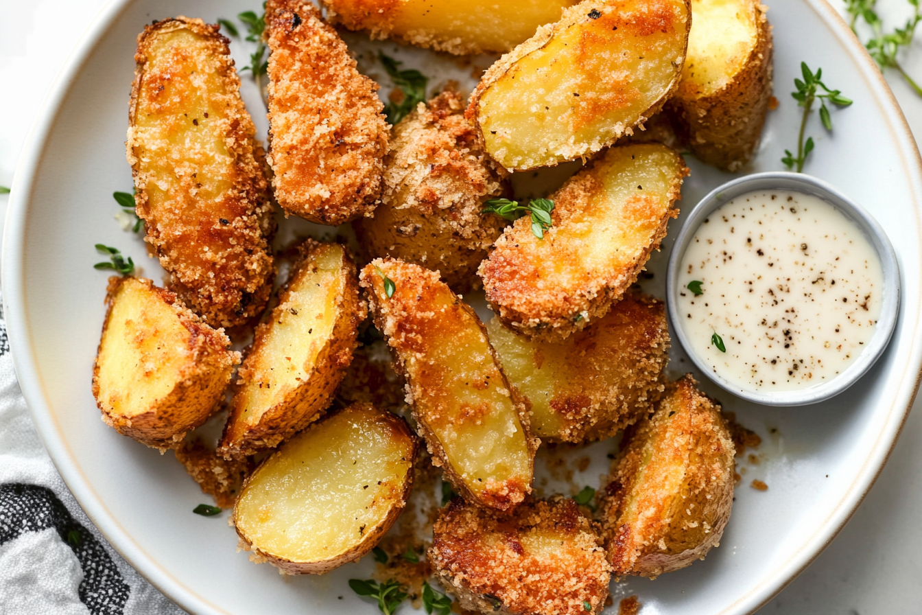 Golden-brown crispy Parmesan crusted potatoes with herbs, served on a white plate.