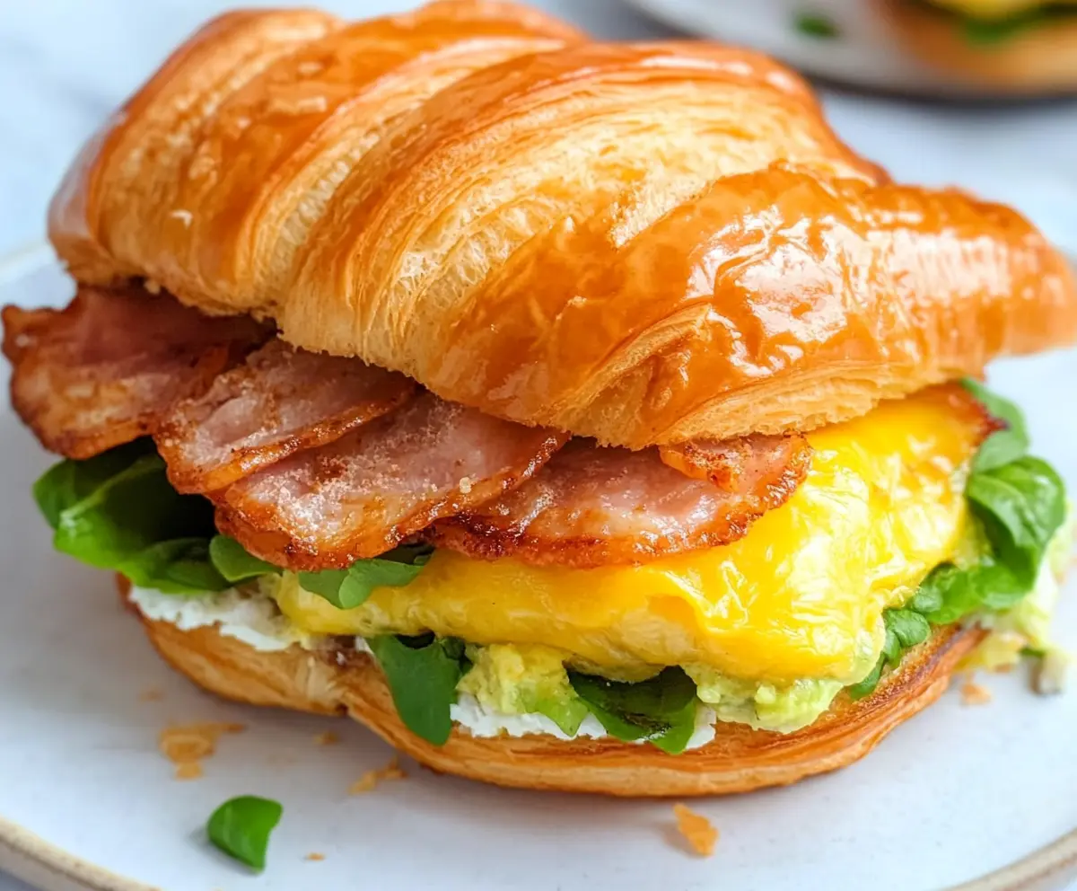 A freshly made croissant breakfast sandwich with eggs, bacon, and melted cheese.