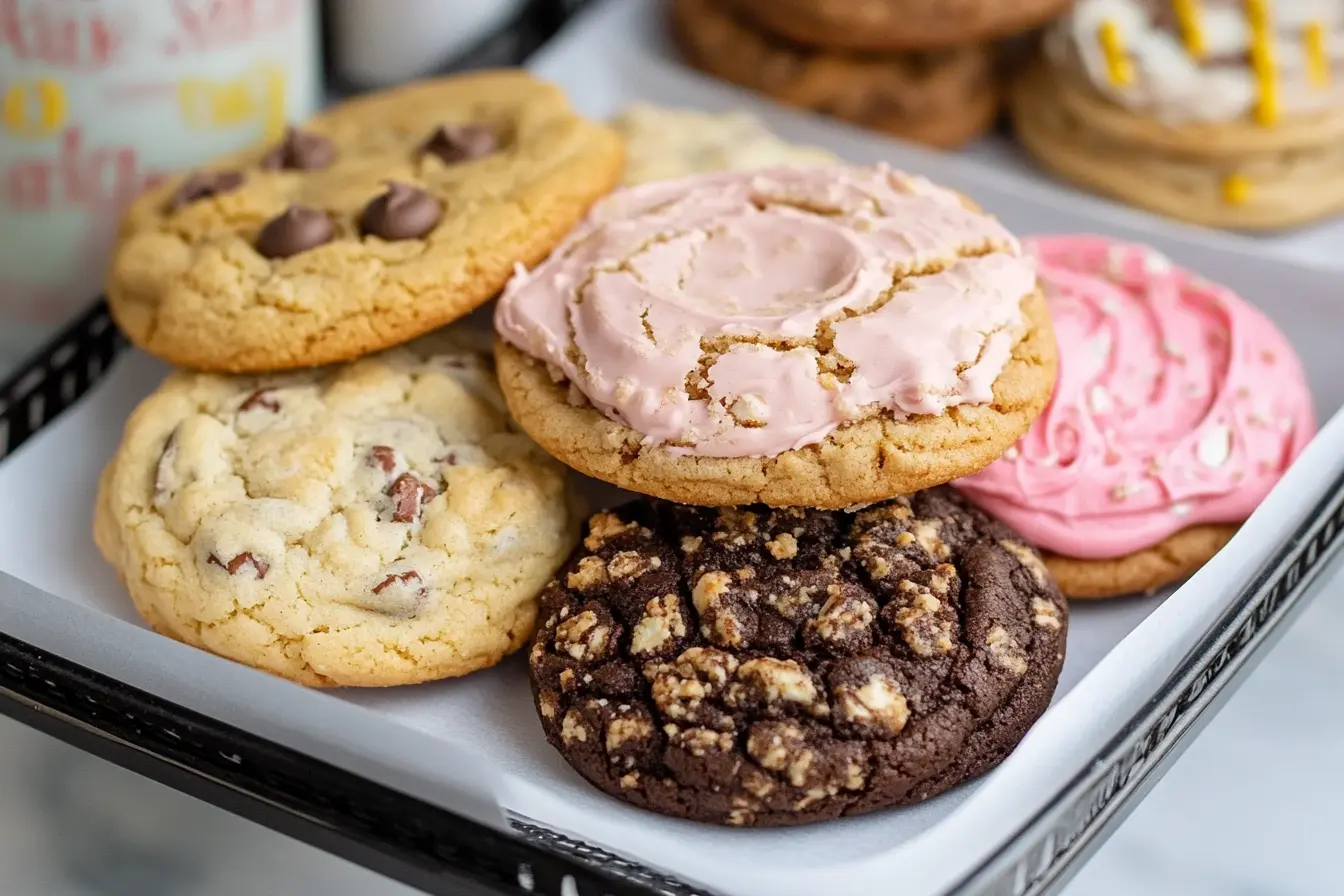 Freshly baked Crumble Cookies with unique flavors on display.