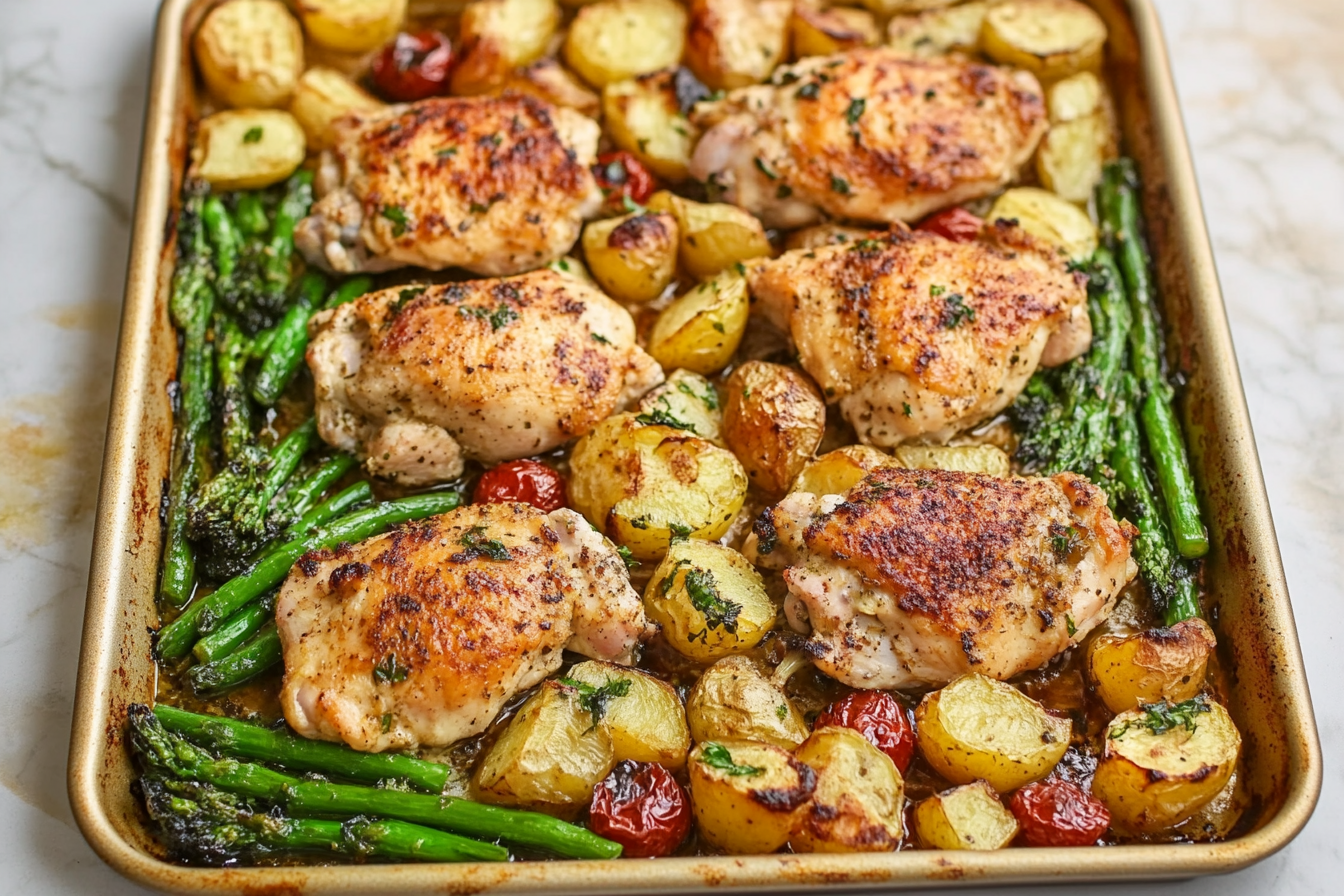 One-pan chicken dinner with roasted vegetables and lemon slices