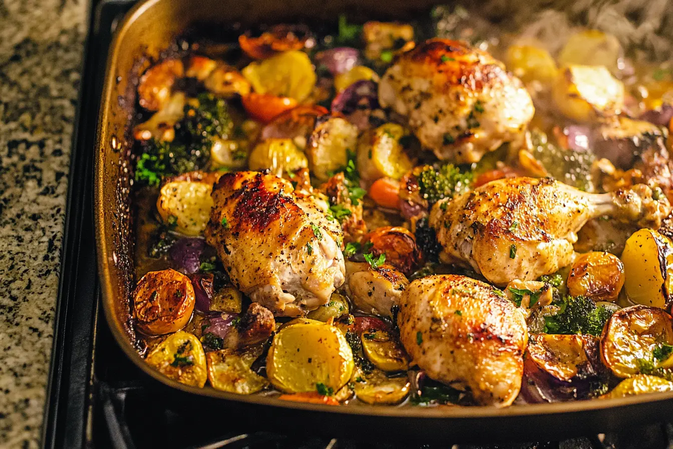 One-pan chicken dinner with roasted vegetables