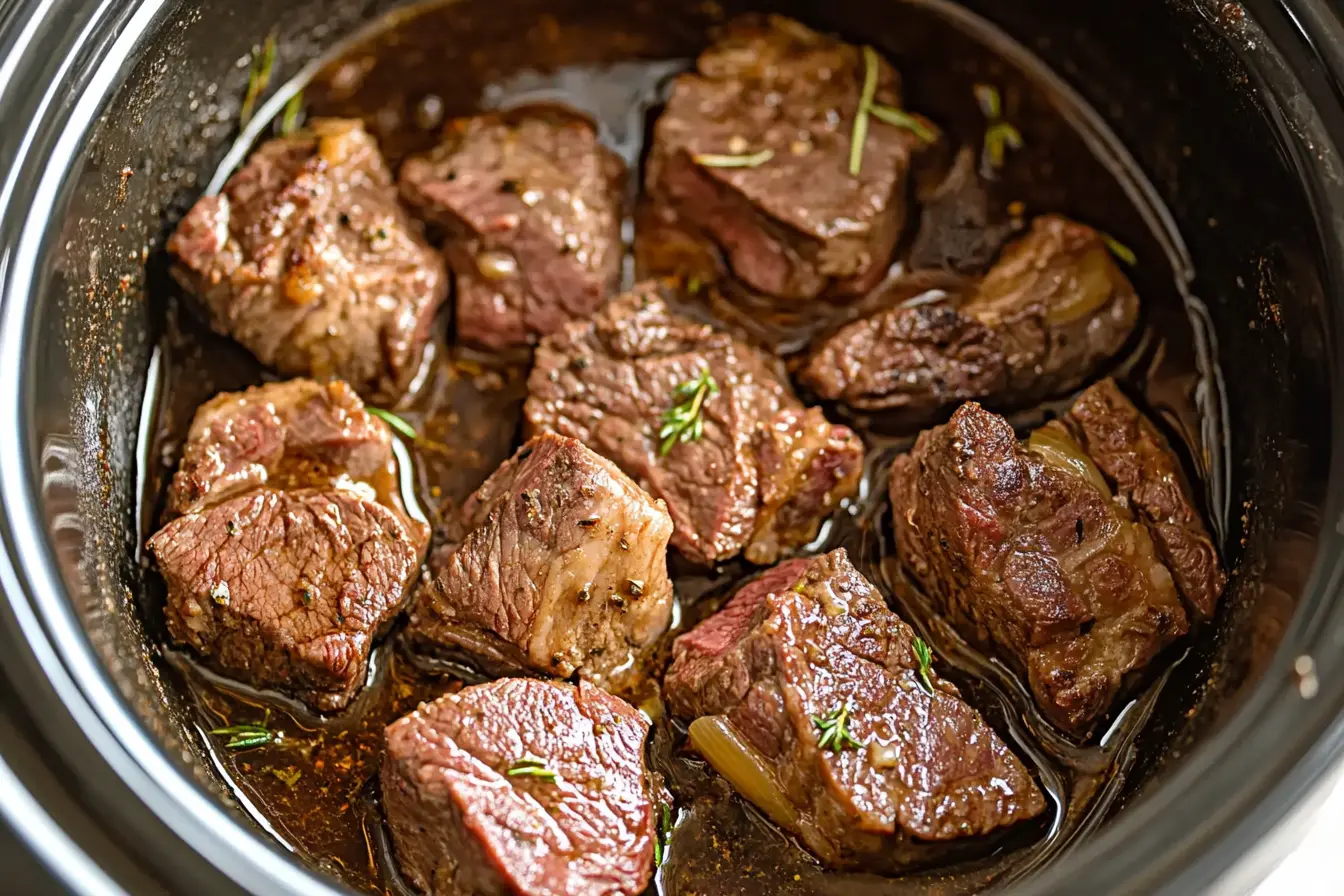 Raw steak placed in a slow cooker for long, tender cooking