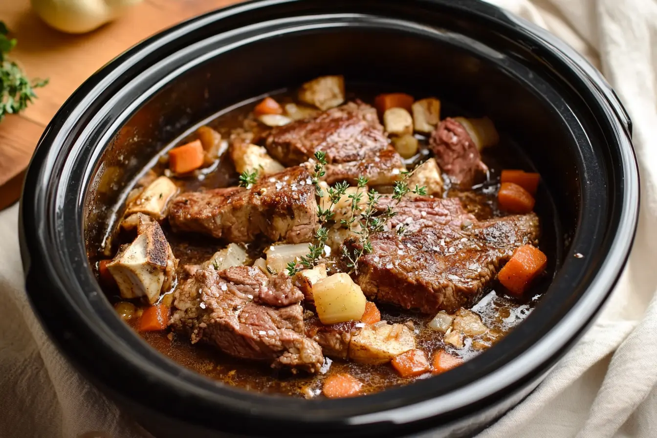 Tender slow-cooked steak on a plate, garnished with herbs