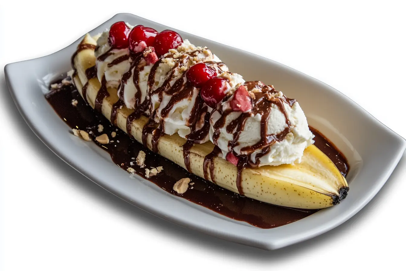 Classic banana split with ice cream and toppings