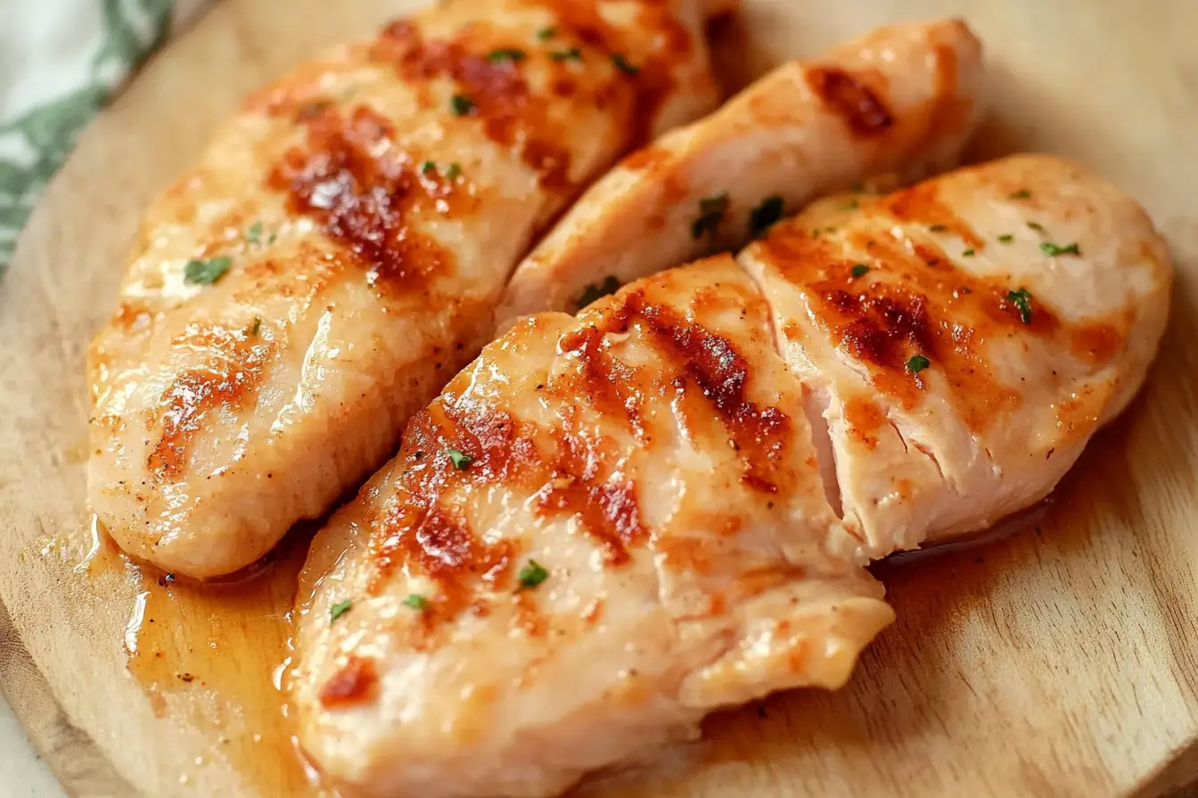 Tenderized chicken breast being prepared with a meat mallet