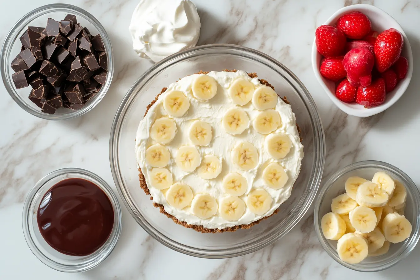 A slice of Banana Split Cheesecake topped with chocolate drizzle, whipped cream, and cherries