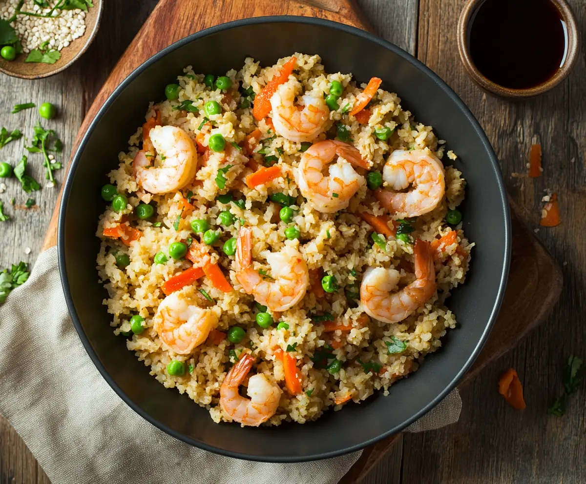 Shrimp cauliflower fried rice in a bowl garnished with green onions.