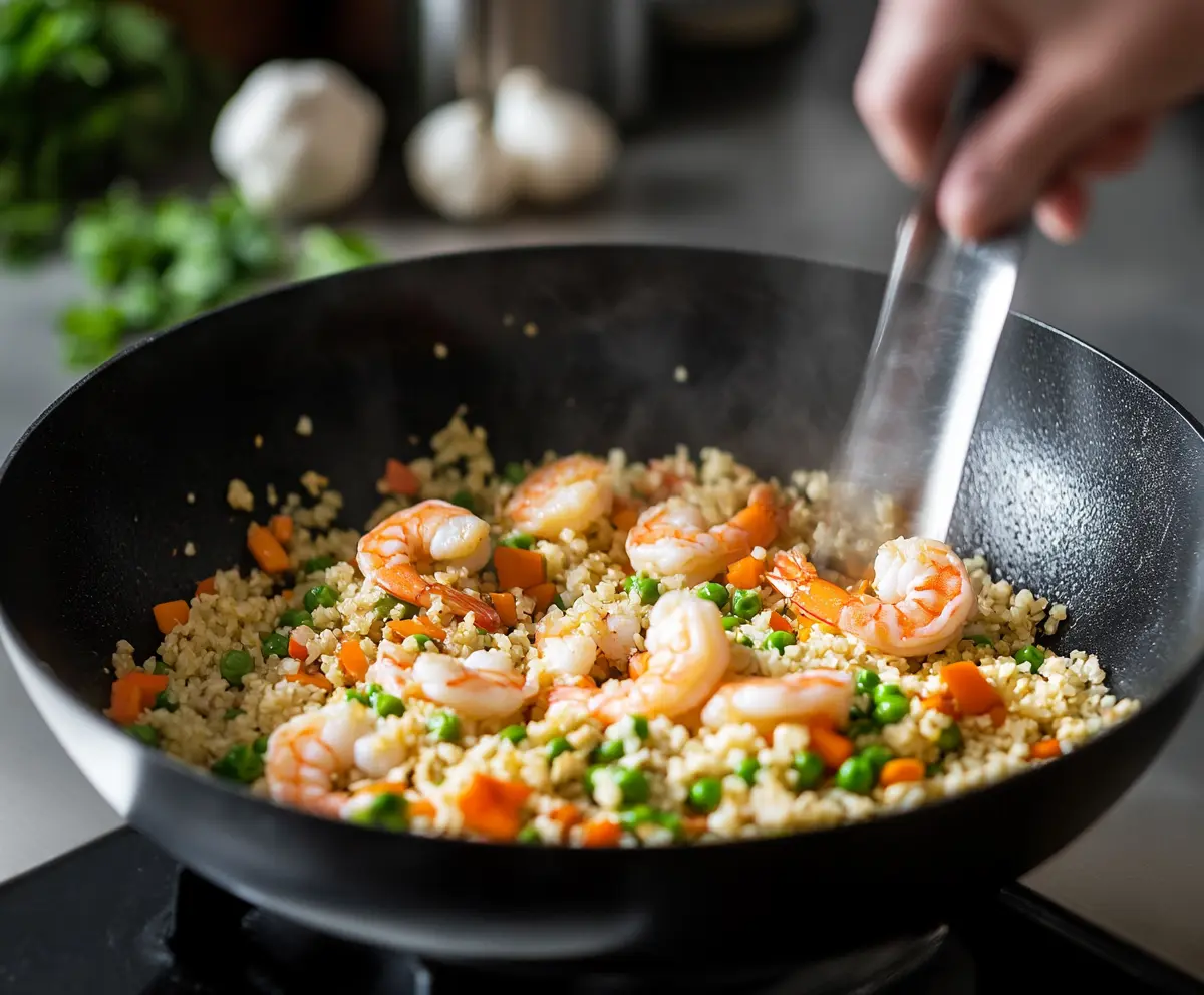 Shrimp cauliflower fried rice in a bowl garnished with green onions.