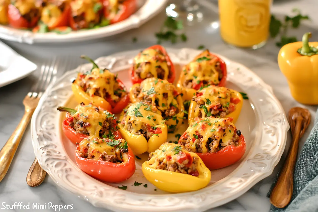 Taco stuffed mini peppers with melted cheese and fresh toppings