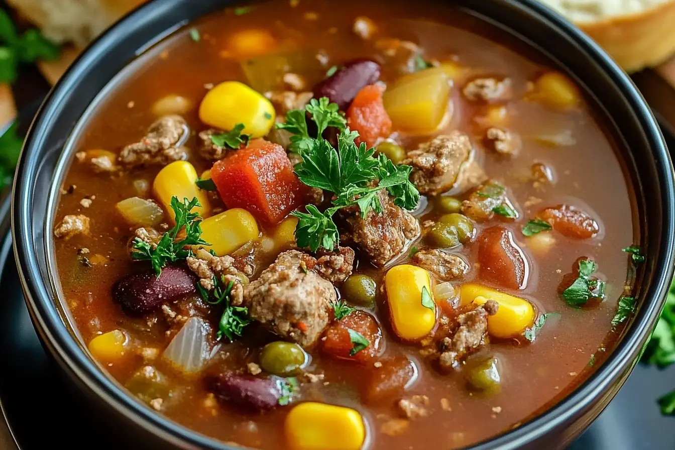 Bowl of Crockpot Cowboy Soup with beef, potatoes, and vegetables.