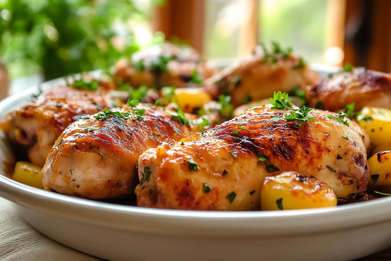 Creamy Crock Pot Marry Me Chicken garnished with herbs and served with pasta.