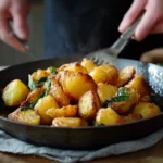 Golden crispy potatoes with garlic and rosemary on a baking tray.