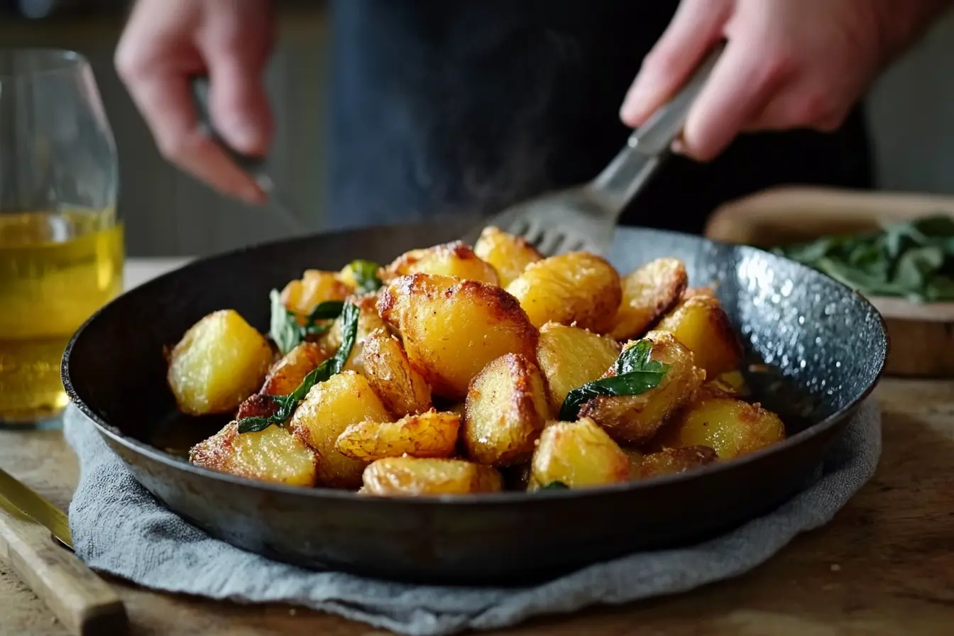 Golden crispy potatoes with garlic and rosemary on a baking tray.