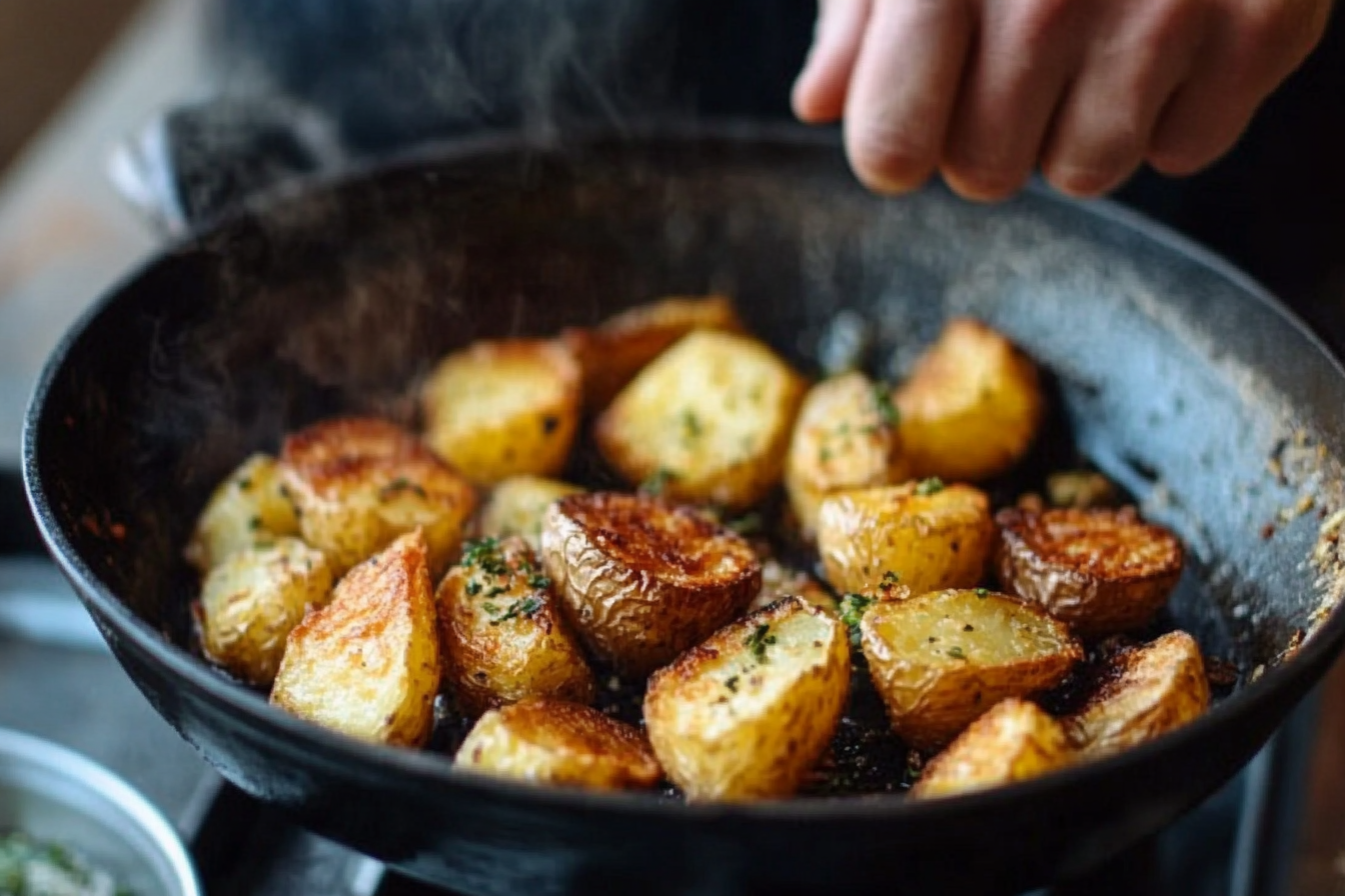 Golden and crispy potatoes served on a plate with herbs