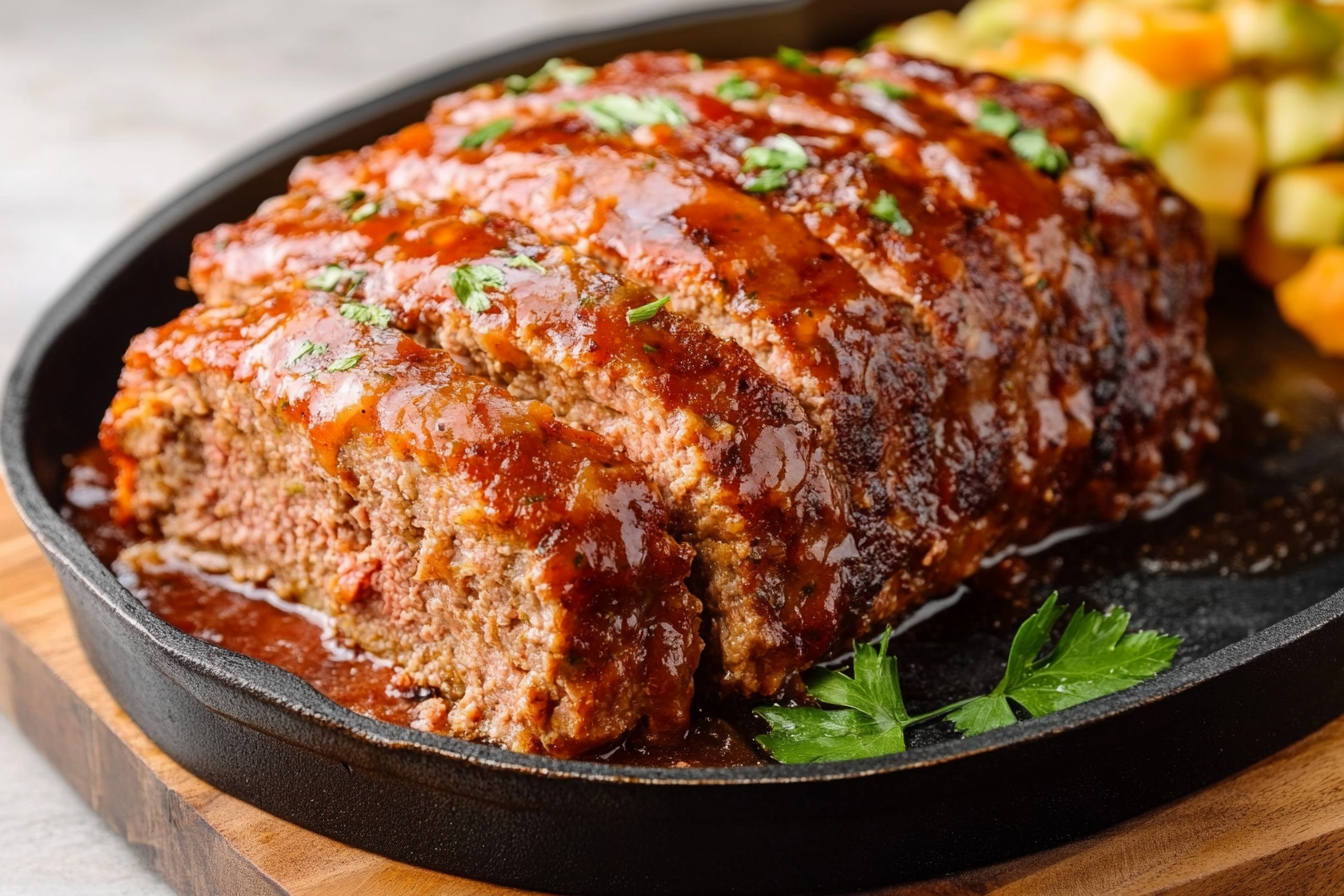 Cracker Barrel meatloaf slice with glaze on plate