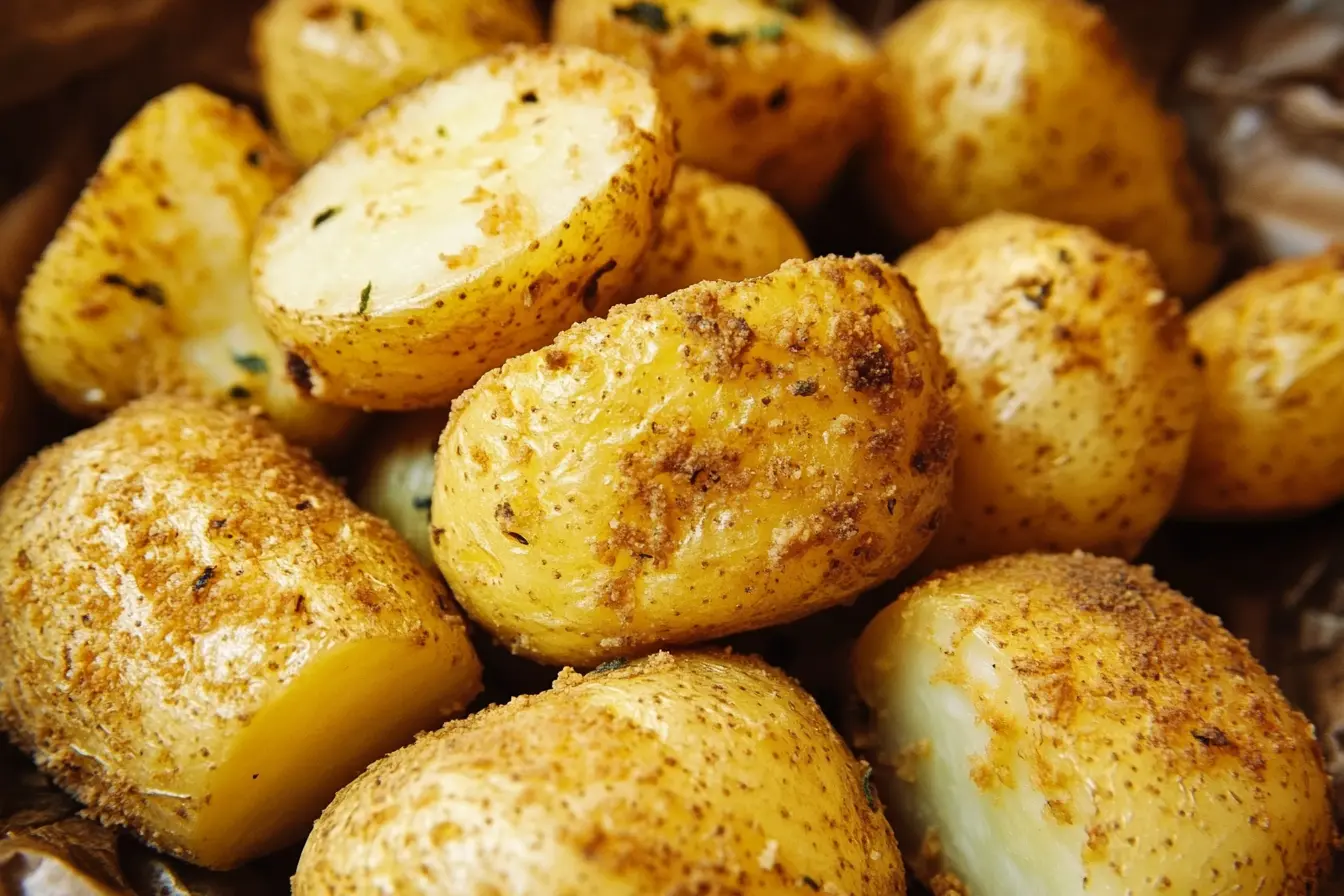 Boiled potatoes ready for roasting on a baking sheet