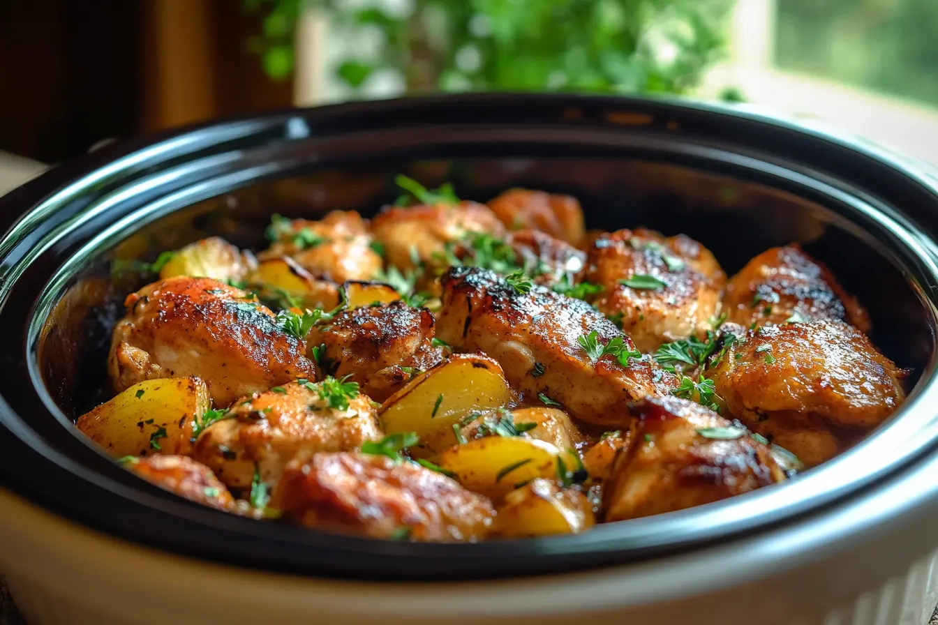 Creamy Crock Pot Marry Me Chicken garnished with herbs and served with pasta.