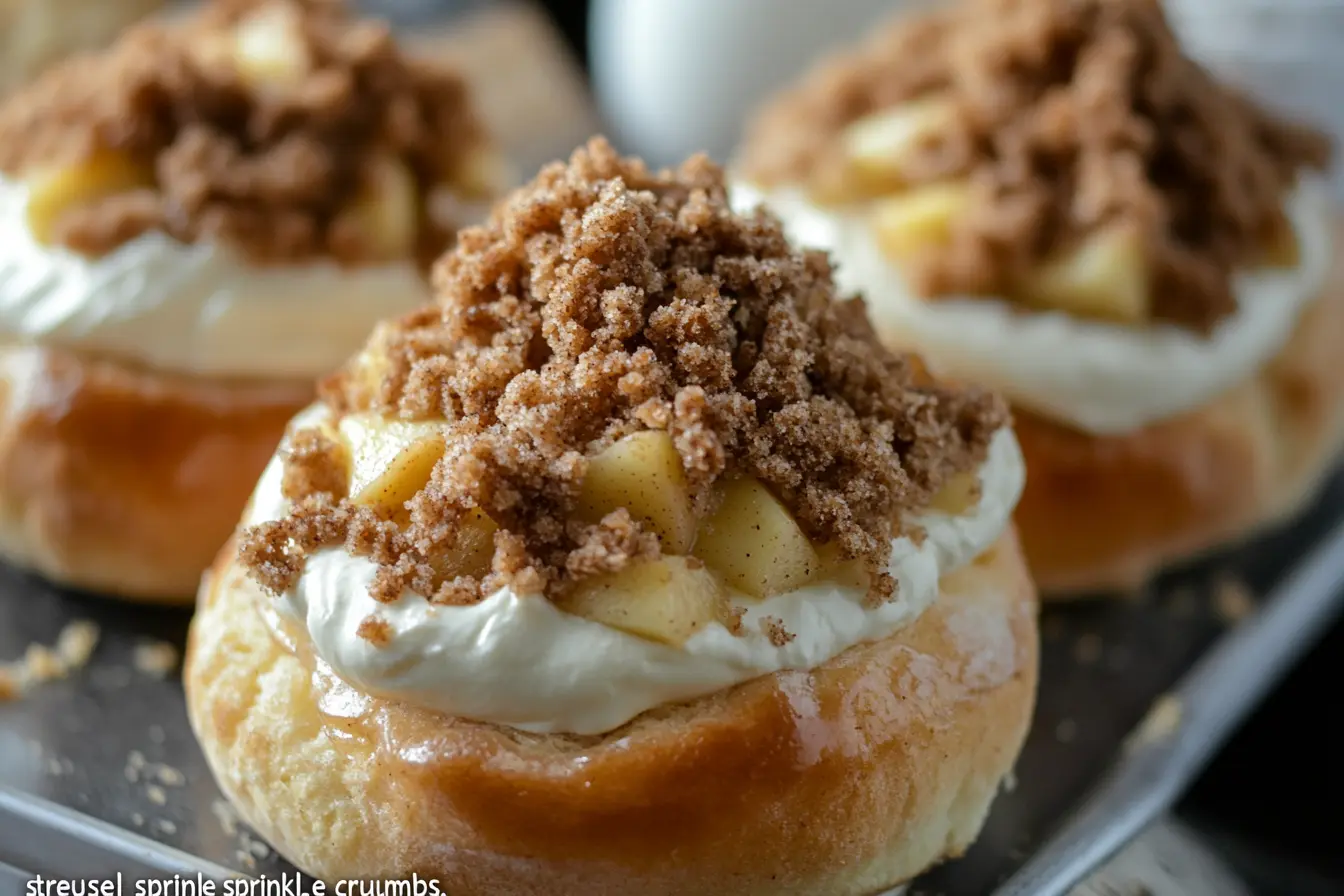 Soft Apple & Cream Cheese Streusel Buns topped with a crunchy streusel and sweet glaze