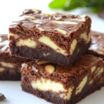 A close-up of rich and chewy brownies with a fudgy texture, topped with a drizzle of chocolate sauce.