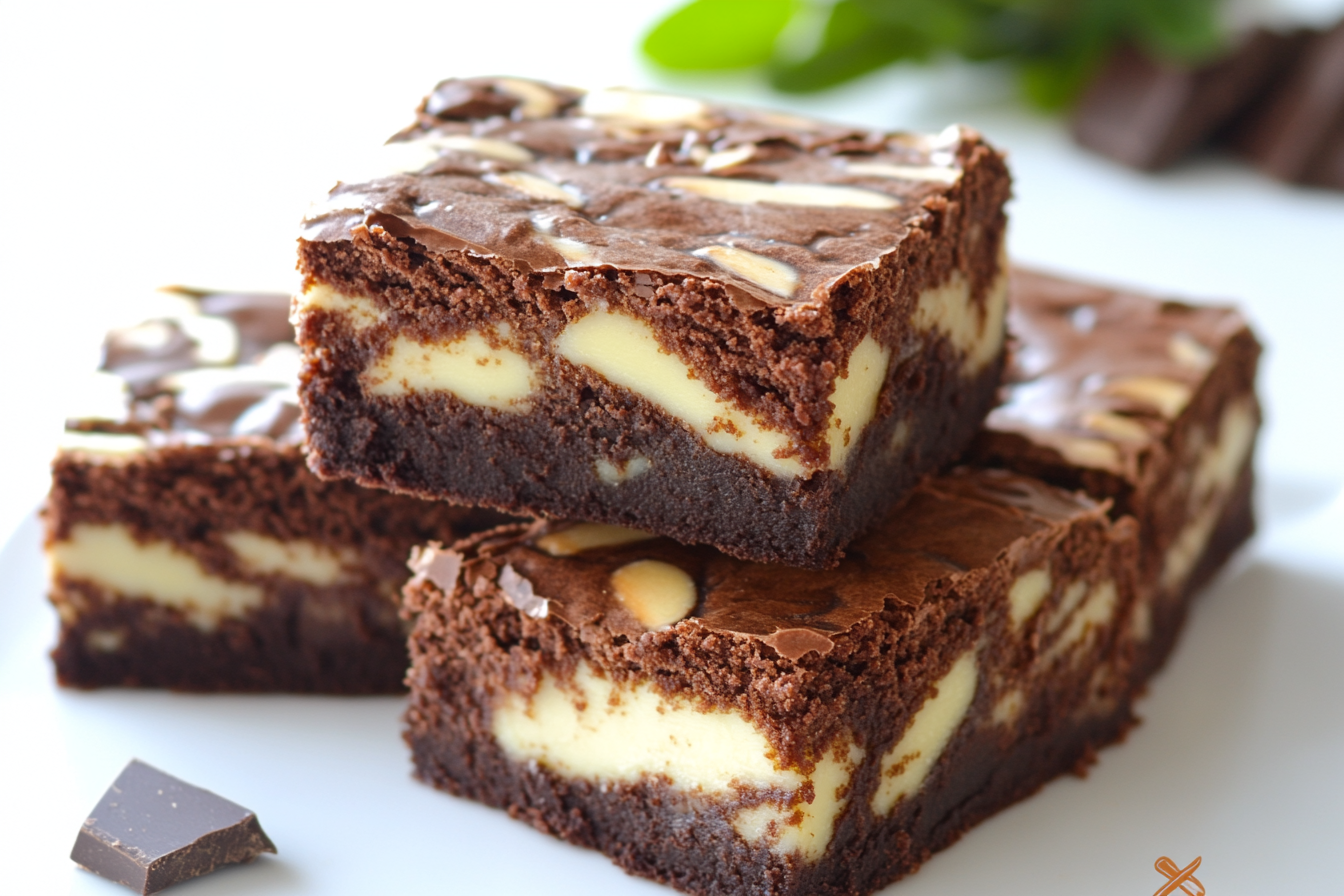 A close-up of rich and chewy brownies with a fudgy texture, topped with a drizzle of chocolate sauce.