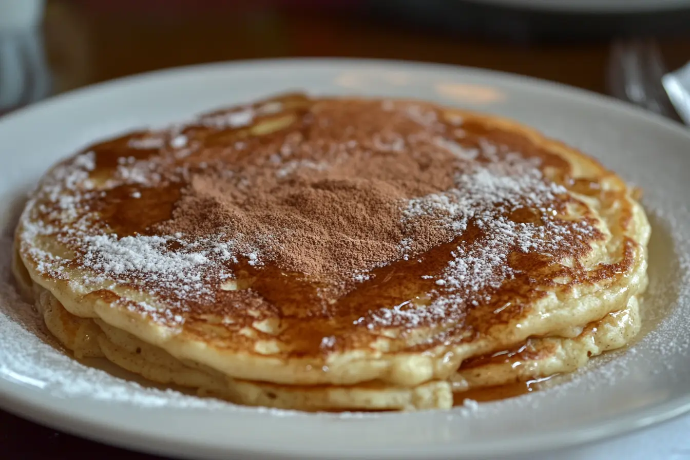 Stack of fluffy cinnamon brown sugar pancakes topped with syrup