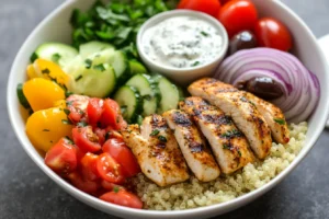 Greek Chicken Quinoa Bowl with vegetables and tzatziki