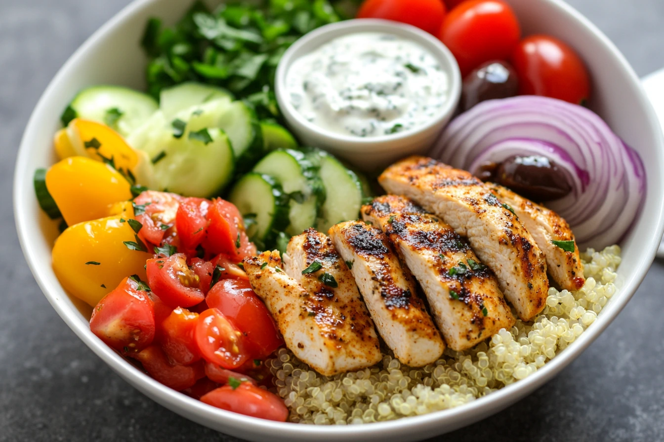 Greek Chicken Quinoa Bowl with vegetables and tzatziki