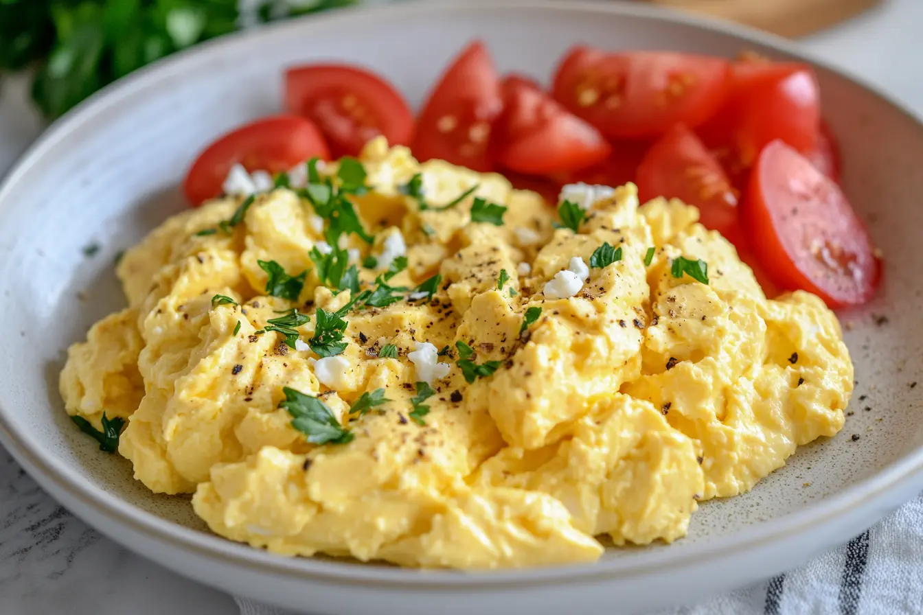 Plate of creamy hummus scrambled eggs topped with parsley and served with toast