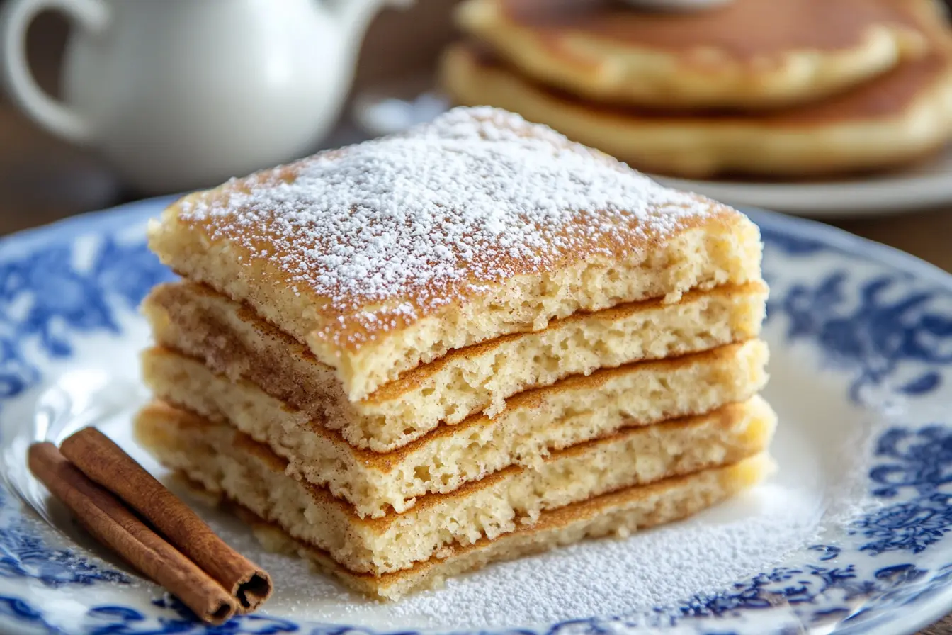 Fluffy pancakes with cinnamon and sugar topping on a plate