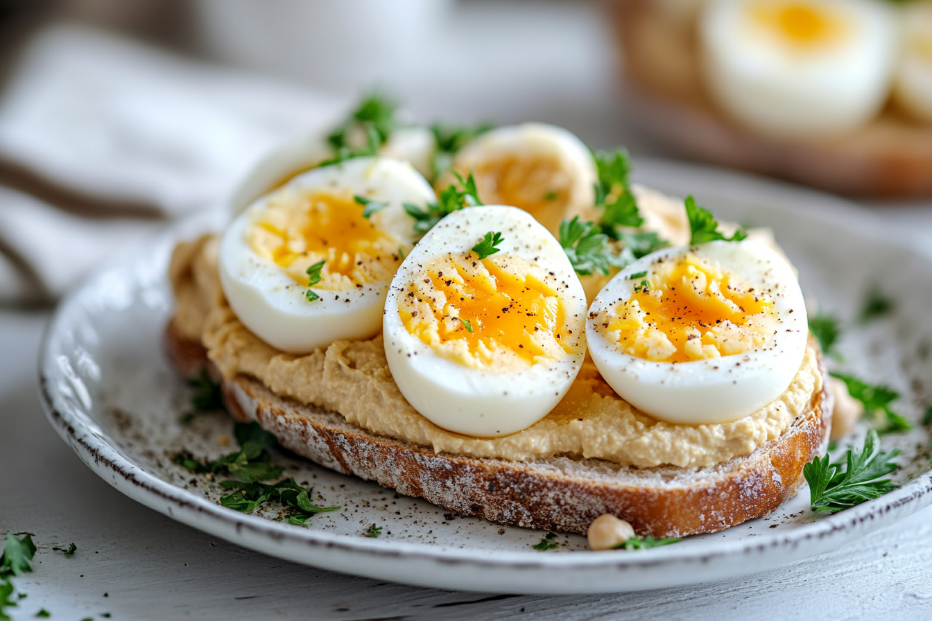 Eggs with hummus on toast served with avocado and fresh herbs