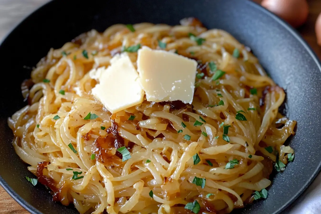 A bowl of creamy caramelized onion pasta garnished with Parmesan cheese and fresh herbs.